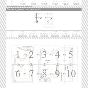 May include: A sewing pattern for a girl's dress with a size chart and instructions for cutting out the fabric. The pattern includes a skirt, a top, and sleeves. The pattern is numbered 1 through 10.