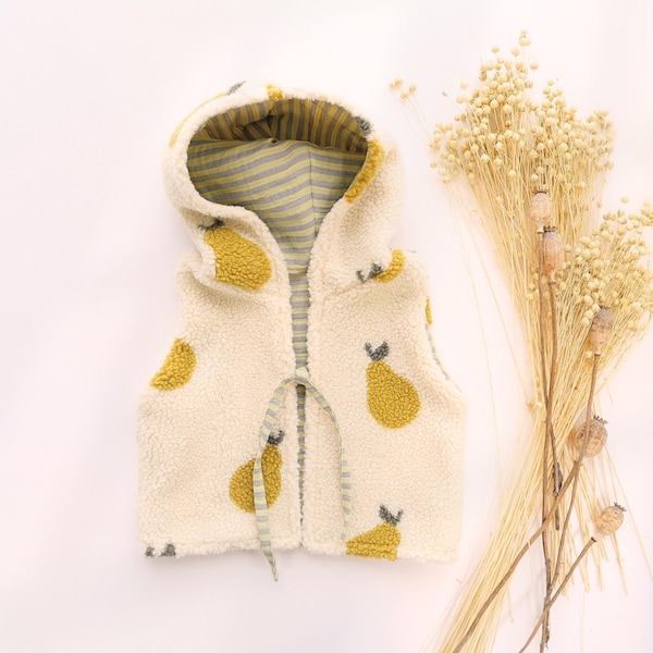 Modello di cucito per gilet con cappuccio in formato PDF, modello per top con laccetti per bambini, abbigliamento per bambini, giacca reversibile fai da te per principianti, idee regalo da cucire per bambini piccoli
