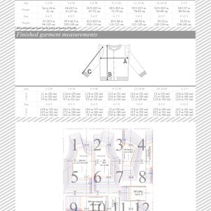 May include: A size chart for a cardigan with ruffle detailing. The chart includes measurements in inches and centimetres for sizes 1-3 months to 9-10 years. A diagram shows the pattern pieces for the cardigan, numbered 1 through 12.