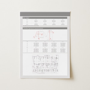 May include: A white informational document featuring a size chart with height ranges in inches and centimeters, a diagram of a shirt and pants with labeled measurement points A through E, and a grid of eighteen numbered sewing pattern pieces.
