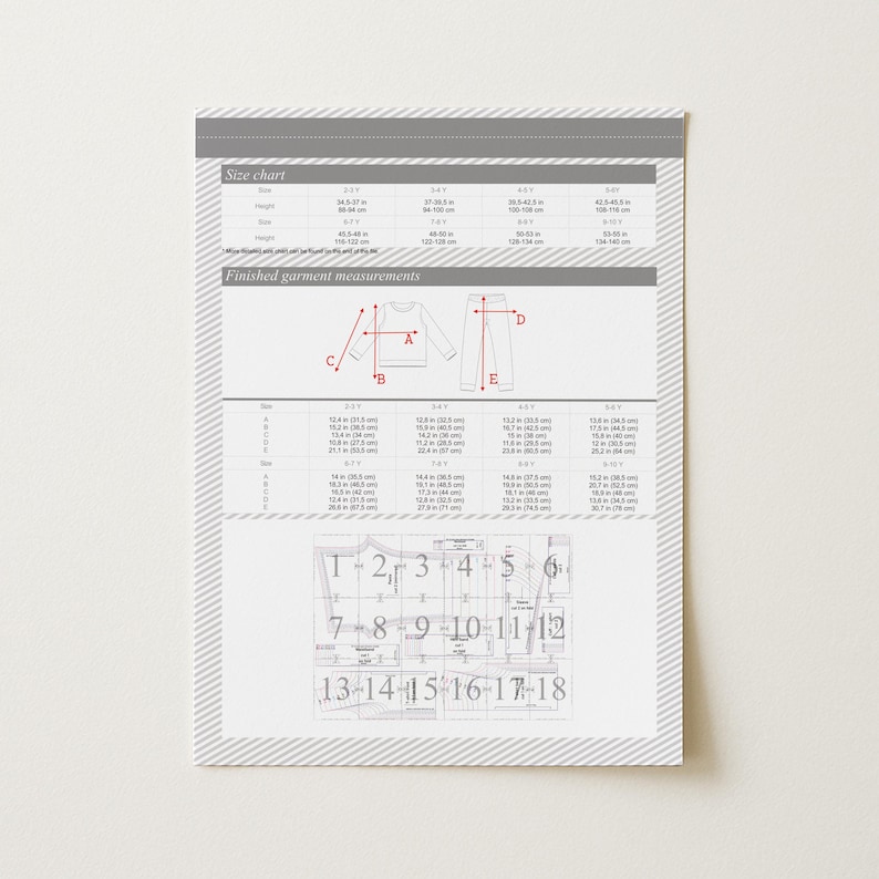 May include: A white informational document featuring a size chart with height ranges in inches and centimeters, a diagram of a shirt and pants with labeled measurement points A through E, and a grid of eighteen numbered sewing pattern pieces.