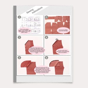 May include: A sewing instruction sheet with the title Sewing instructions, featuring six numbered steps with diagrams showing how to cut pattern pieces from red fabric and sew pocket pieces onto a garment leg using a sewing machine.