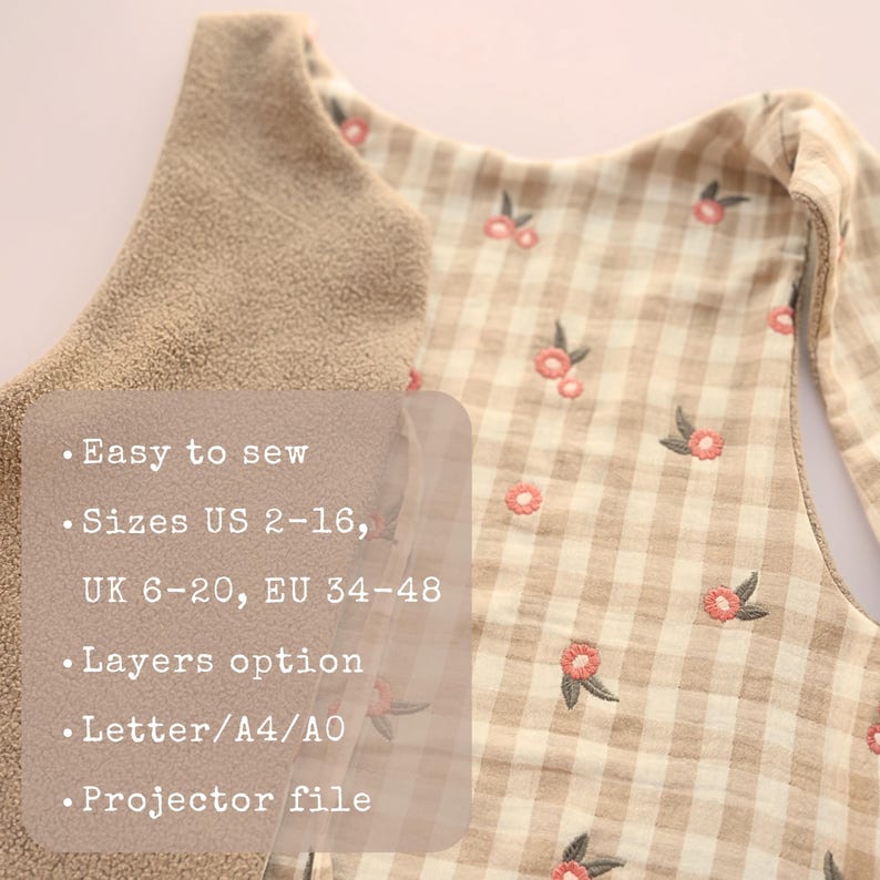 May include: Close-up of a beige and white checkered fabric with embroidered pink flowers. The fabric is layered with a soft, tan material. The image includes text: Easy to sew, Sizes US 2-16, UK 6-20, EU 34-48, Layers option, Letter/A4/A0, Projector file.