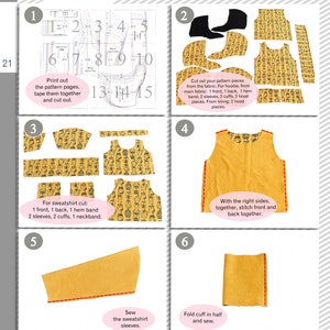 May include: Sewing instructions for a sweatshirt with a hood. The instructions are numbered 1 through 6 and include diagrams of the pattern pieces and how to sew the sweatshirt together.