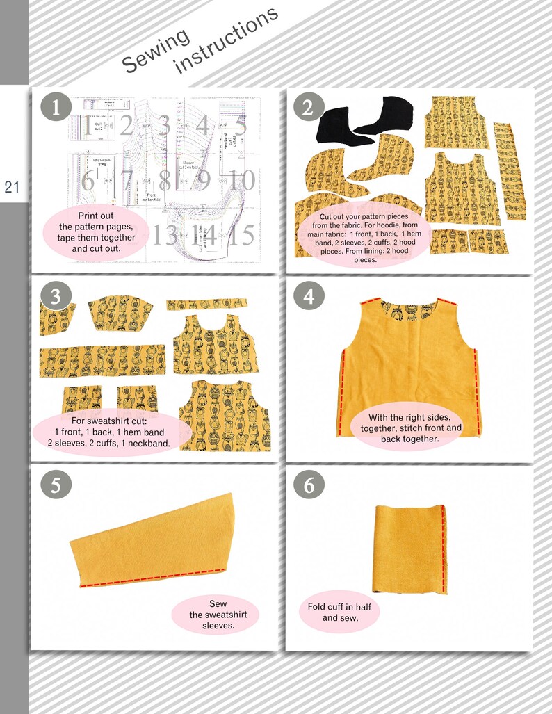 May include: Sewing instructions for a sweatshirt with a hood. The instructions are numbered 1 through 6 and include diagrams of the pattern pieces and how to sew the sweatshirt together.