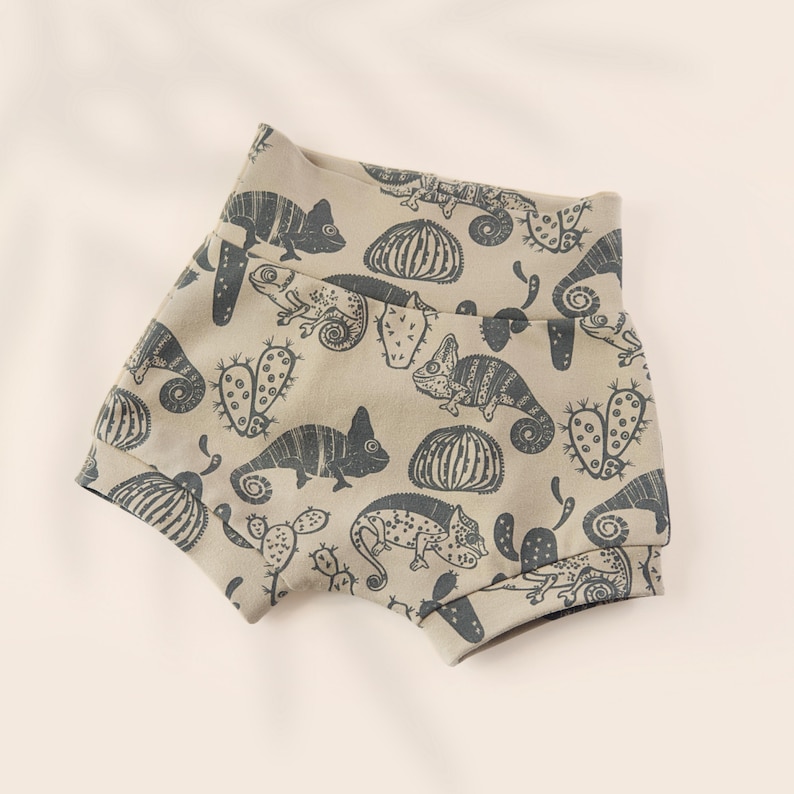 Flat lay of baby bummies with elastic waistband DIY sewing project for beginners.