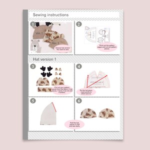 May include: A sewing instruction sheet for a hat featuring six numbered steps. It displays pattern pieces, fabric cutouts with bear prints, and diagrams showing how to fold, mark, and stitch the hat components together for three different versions.
