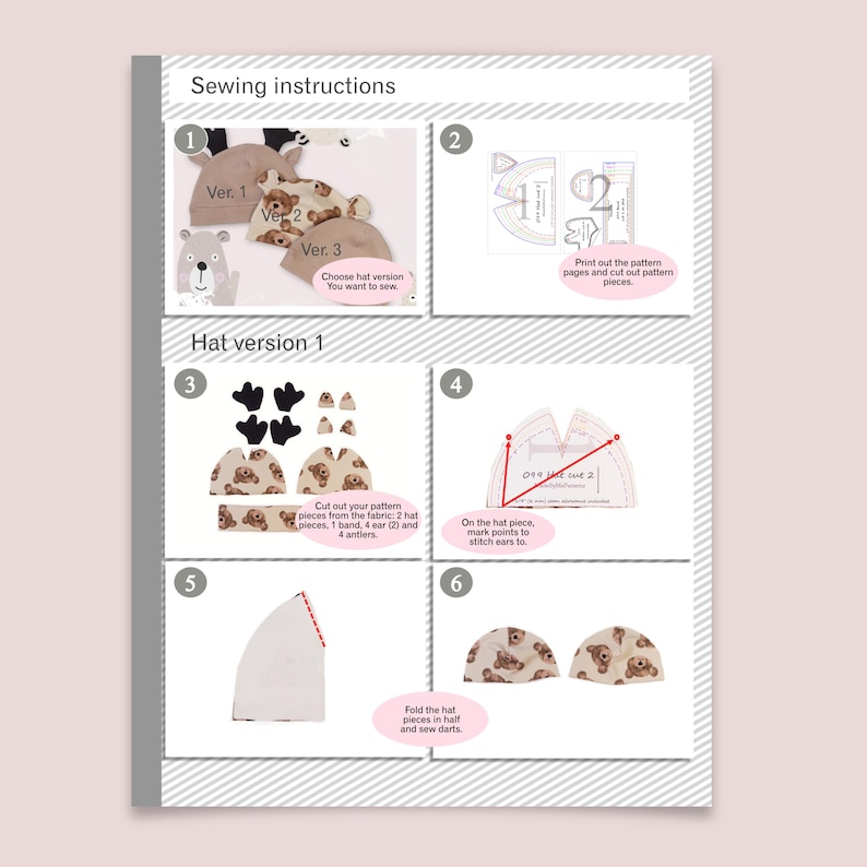 May include: A sewing instruction sheet for a hat featuring six numbered steps. It displays pattern pieces, fabric cutouts with bear prints, and diagrams showing how to fold, mark, and stitch the hat components together for three different versions.