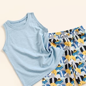 Close-up of elastic waist boys shorts and matching tank top DIY kids clothing set.