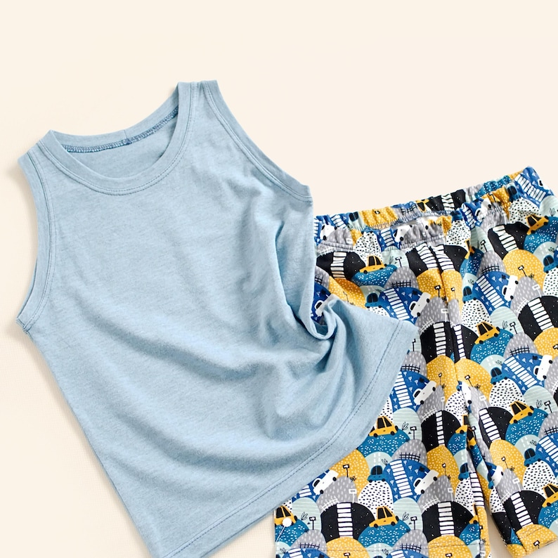 Close-up of elastic waist boys shorts and matching tank top DIY kids clothing set.