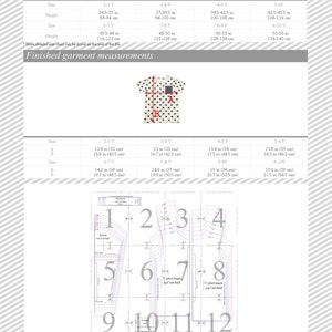 May include: A size chart for a t-shirt pattern with measurements in inches and centimeters. The chart includes sizes for 2-3 years, 3-4 years, 4-5 years, 5-6 years, 6-7 years, 7-8 years, 8-9 years, and 9-10 years. The chart also includes a diagram of the t-shirt pattern with numbered sections.