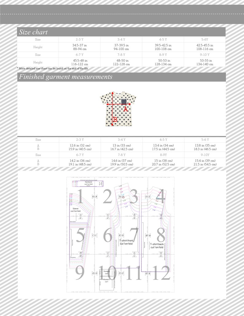 May include: A size chart for a t-shirt pattern with measurements in inches and centimeters. The chart includes sizes for 2-3 years, 3-4 years, 4-5 years, 5-6 years, 6-7 years, 7-8 years, 8-9 years, and 9-10 years. The chart also includes a diagram of the t-shirt pattern with numbered sections.