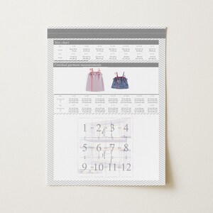 May include: A sewing pattern sheet with a size chart and finished garment measurements. The sheet features illustrations of two tops, a pink one and a blue patterned one, along with numbered pattern pieces. The text includes measurements in inches and centimeters.