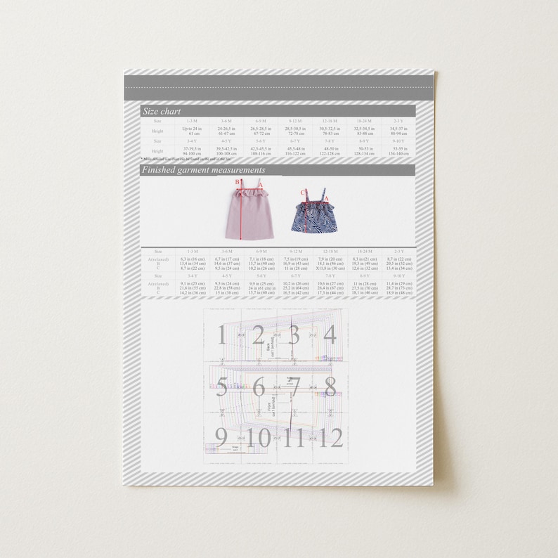 May include: A sewing pattern sheet with a size chart and finished garment measurements. The sheet features illustrations of two tops, a pink one and a blue patterned one, along with numbered pattern pieces. The text includes measurements in inches and centimeters.