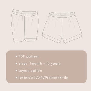 Puede incluir: Dibujo lineal de dos pares de pantalones cortos con cintura el&aacute;stica. La imagen incluye texto: PDF pattern, Tallas 1 mes - 10 a&ntilde;os, Layers option y Letter/A4/A0/Projector file.