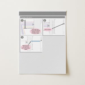 May include: A diagram titled "Printing with layers" shows steps for printing a PDF pattern. The steps include opening the PDF, clicking on layers, and selecting sizes. The background is white with diagonal gray lines.