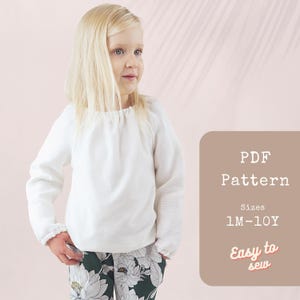 Standaard pdf-naaipatroon top – meisjesblouse voor baby, peuter en kinderen – shirt met korte of lange mouw – terug naar school doe-het-zelf – geschikt voor beginners