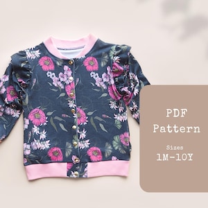 PDF Sewing Pattern – Girls Bomber Jacket – Baby, Toddler and Kids – Frill Sleeves and Pockets – Beginner Friendly DIY Printable Pattern