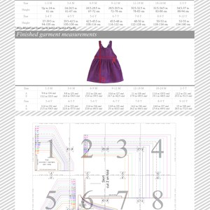 May include: A sewing pattern for a child's dress with instructions and measurements in inches and centimeters. The pattern includes eight different sizes, ranging from 1-3 months to 2-3 years.