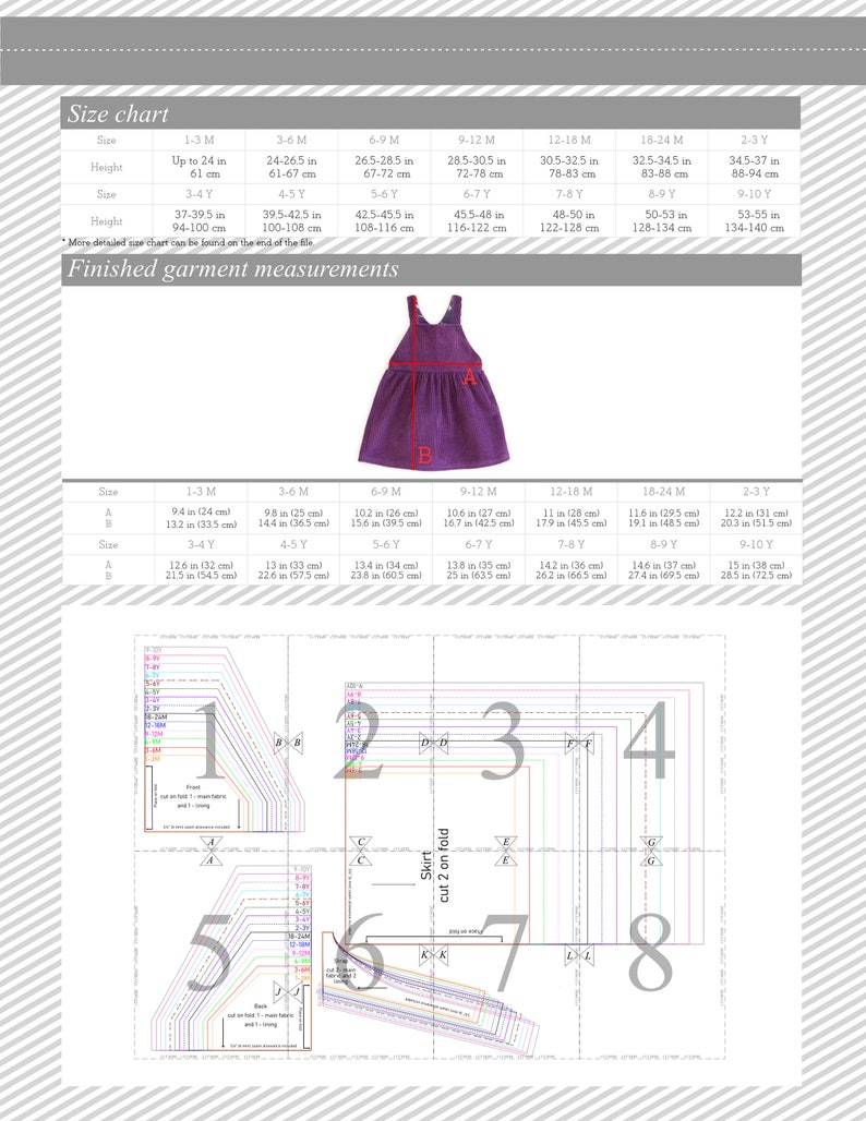May include: A sewing pattern for a child's dress with instructions and measurements in inches and centimeters. The pattern includes eight different sizes, ranging from 1-3 months to 2-3 years.