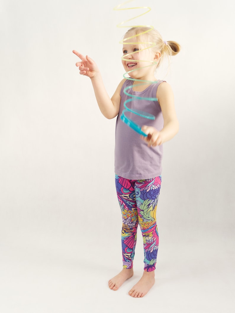Girl wearing handmade leggings made from printable sewing pattern