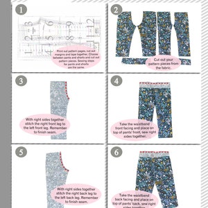 May include: Sewing instructions for pants or shorts with a floral print fabric. The instructions include cutting out the pattern pieces, sewing the legs together, and attaching the waistband.