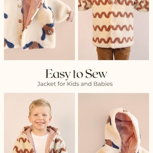May include: A cream-coloured jacket for children and babies with a hood and button closure. The jacket has a brown and blue bear pattern on the outside and a red and white checked lining. The text "Easy to Sew Jacket for Kids and Babies" is also visible.