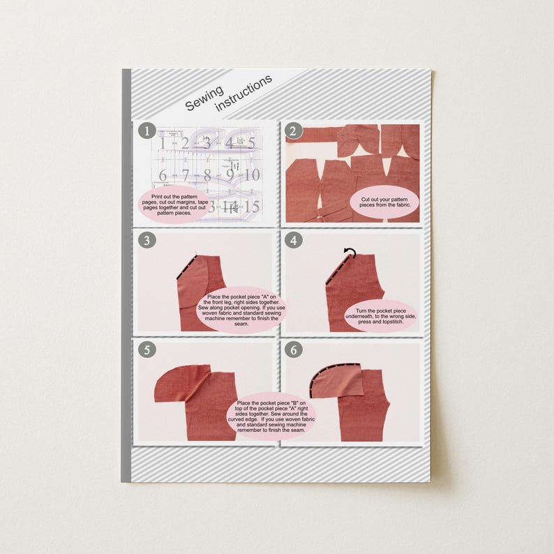 K&ouml;nnte beinhalten: Eine N&auml;h-Anleitung mit Schritt-f&uuml;r-Schritt-Diagrammen. Die Anweisungen umfassen das Zuschneiden von Schnittteilen, das Anbringen von Taschenteilen und das N&auml;hen von N&auml;hten. Das Blatt hat einen grau-wei&szlig; gestreiften Rand und den Text "N&auml;h-Anleitung".