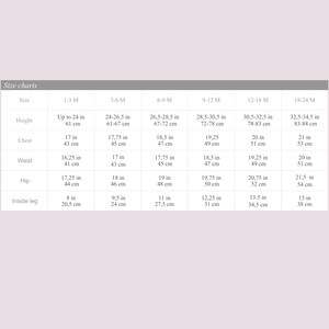 May include: A size chart for baby clothing, with measurements in inches and centimeters. The chart includes sizes from 1-3 months to 18-24 months, detailing height, chest, waist, hip, and inside leg measurements.