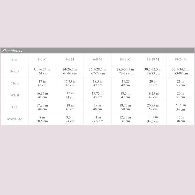 May include: A size chart for baby clothing, with measurements in inches and centimeters. The chart includes sizes from 1-3 months to 18-24 months, detailing height, chest, waist, hip, and inside leg measurements.