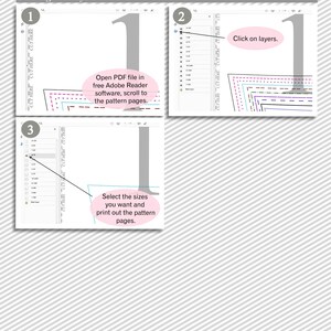 May include: A three-step guide on how to print a PDF file with layers. The first step shows a PDF file open in Adobe Reader software. The second step shows how to click on layers in the PDF file. The third step shows how to select the sizes you want and print out the pattern pages.