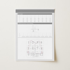 May include: A white paper featuring a size chart and finished garment measurements. The paper includes a diagram of a vest with numbered sections and measurement labels. The paper is bordered with a gray and white striped pattern.