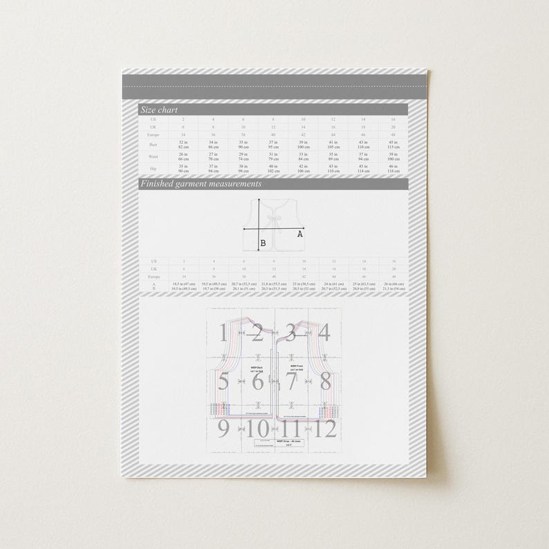 May include: A white paper featuring a size chart and finished garment measurements. The paper includes a diagram of a vest with numbered sections and measurement labels. The paper is bordered with a gray and white striped pattern.