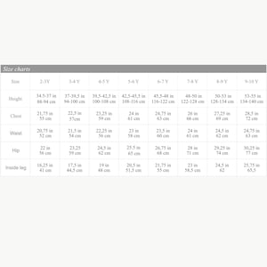 May include: A white size chart table with gray headers titled Size charts. It lists measurements in inches and centimeters for children aged 2 to 10 years, covering height, chest, waist, hip, and inside leg dimensions in a grid format.