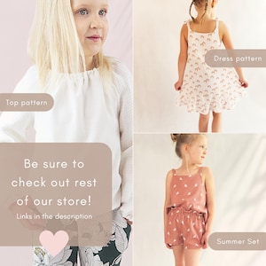 May include: A collection of children's clothing patterns, including a white top, a dress with rainbow accents, and a coral summer set. The image includes text that says "Top pattern", "Dress pattern", and "Summer Set". The text also says "Be sure to check out rest of our store! Links in the description".
