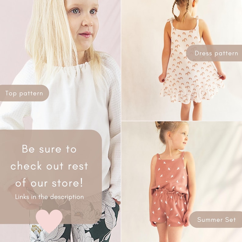 May include: A collection of children's clothing patterns, including a white top, a dress with rainbow accents, and a coral summer set. The image includes text that says "Top pattern", "Dress pattern", and "Summer Set". The text also says "Be sure to check out rest of our store! Links in the description".