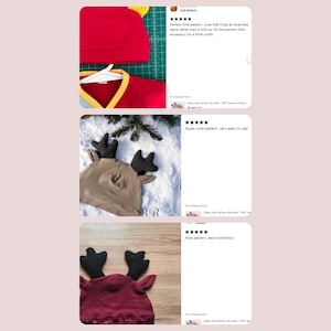 May include: A collection of three baby hats featuring different designs. One is a red hat with yellow trim, another is a tan hat with black antlers, and the third is a dark red hat with black antlers. Each hat is displayed with customer reviews.