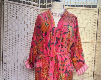 Cotton Velvet Dressing Gown in a fabulous Rich Pink Print
