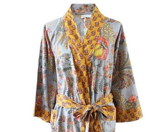 Floral Print Cotton Dressing Gown in Coral and Mustard