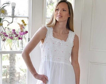 Ladies Smocked Cotton Nightdress with Pink Embroidery and Rosebuds