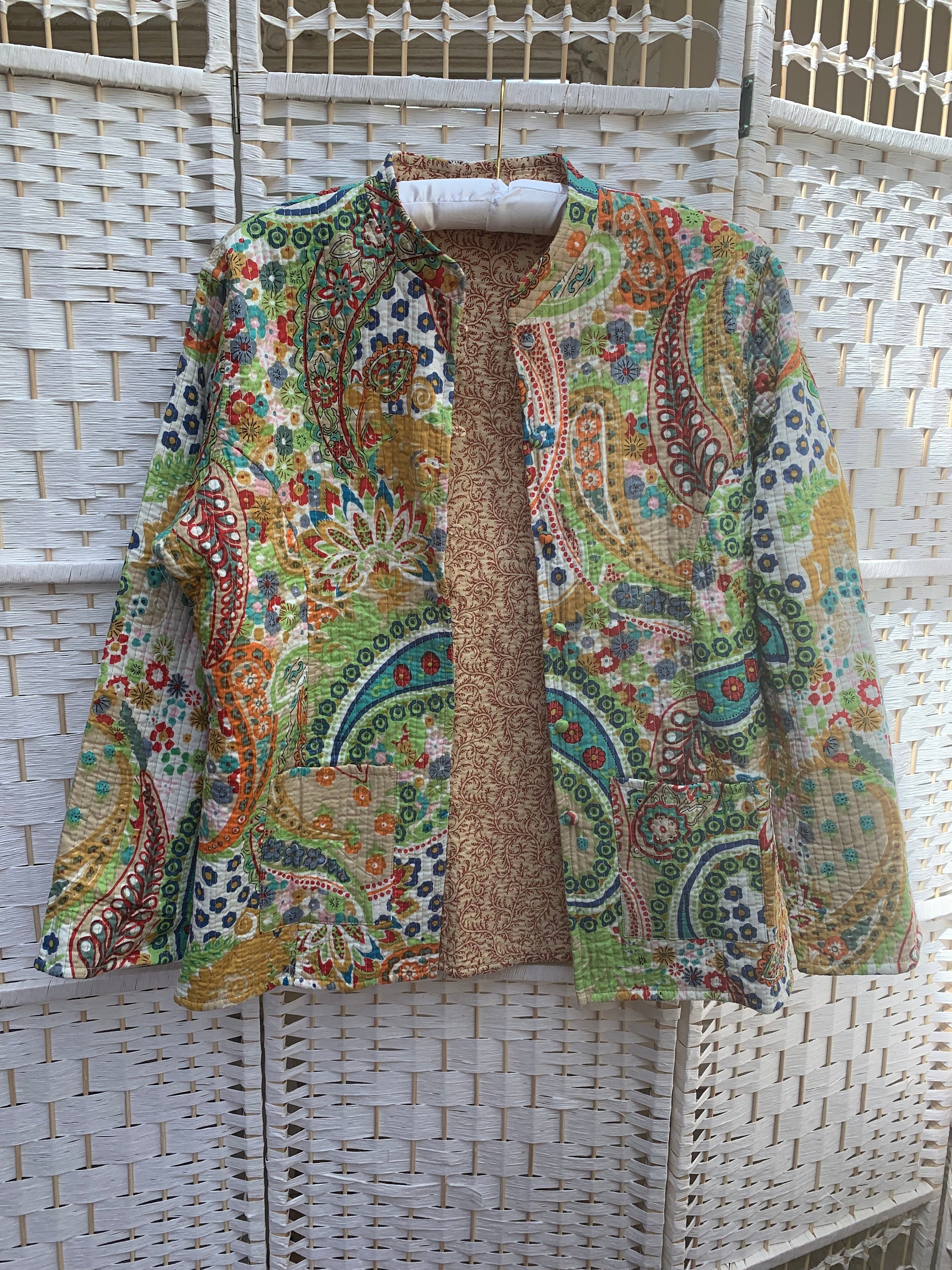 Reversible Cotton Kantha Jacket Block Printed in Green Paisley. Etsy
