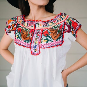 Vintage Mexican Hand Embroidered Cross stitch Blouse - Mexican embroidered blouse - Peasant blouse - Folk blouse