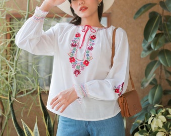 Vintage Hungarian Hand Embroidered Long Sleeves Blouse ,Vintage Hungarian 70s White Cotton Floral Blouse