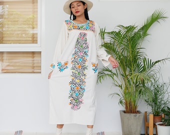 Long Sleeve Oaxacan Dress | Mexican Hand Embroidered Cotton Dress | Vintage White Maxi Boho Traditional Wedding Dress