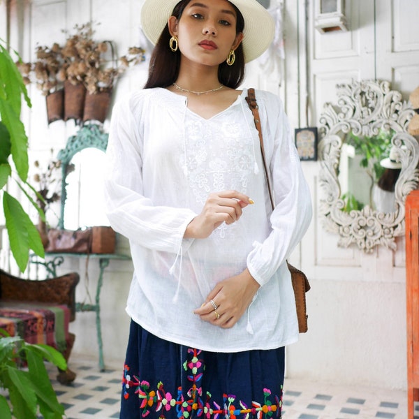 Vintage Gauze Blouse, Vintage 60s Boho Hippie Hand Embroidered Blouse, Tunic White  Cotton Romanian Shirt, Hand embroidered Romanian blouse