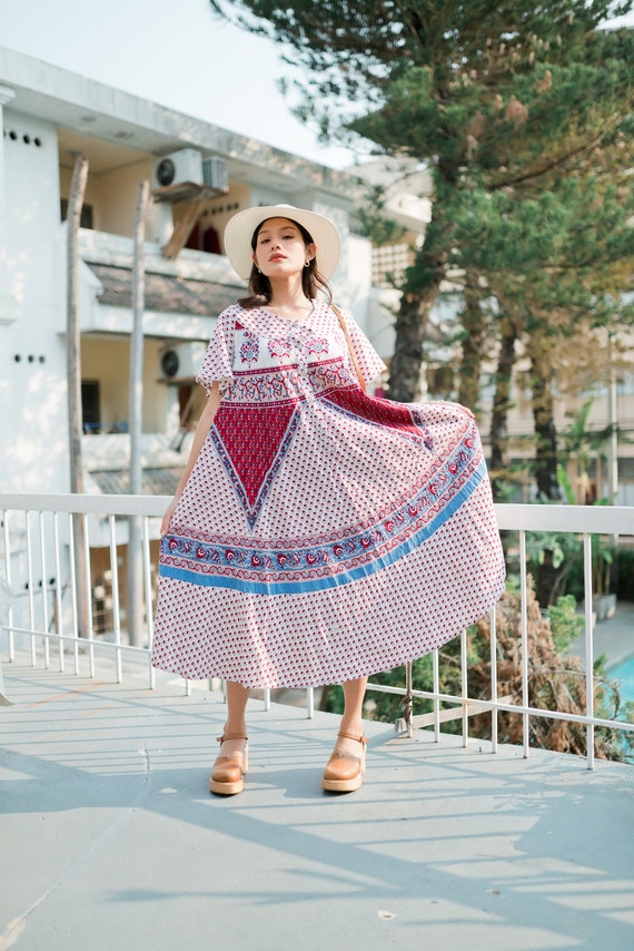 Vintage Indian Hand Block Print Dress, Indian Kaf
