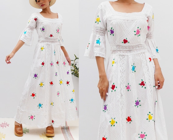 Vintage White Crochet Wedding Dress Mexican White Crochet Bell Sleeves Maxi Dress Vintage 70s Floral Hand Embroidered Crochet Dress Etsy