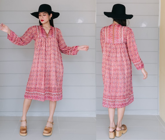 Vintage India Gauze Dress, 1970s Indian Cotton Gau