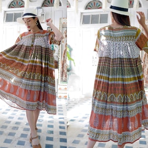Vintage Indian Cotton Gauze Dress, Boho Hippie Dress, Ethnic Floral Gauze Vintage Maxi Dress