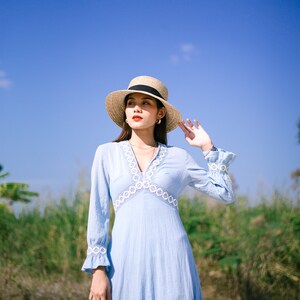 1970s Vintage Light blue Maxi Dress, Tony Todd Dress,Bell Sleeves Dress With With Floral Embroidered image 3